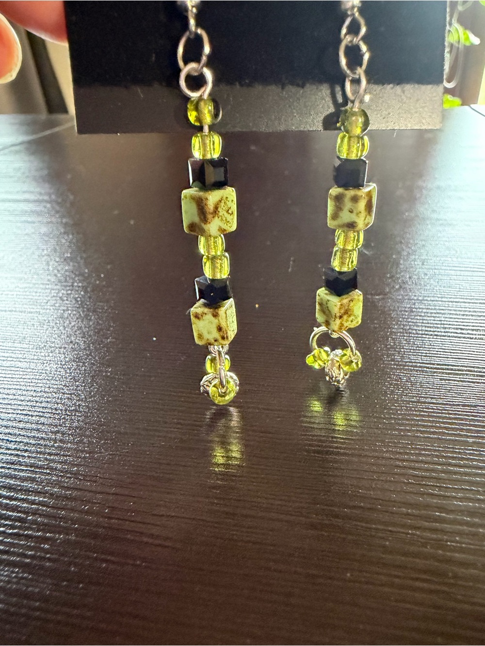 Handmade Olive Green Beaded Dangle Earrings